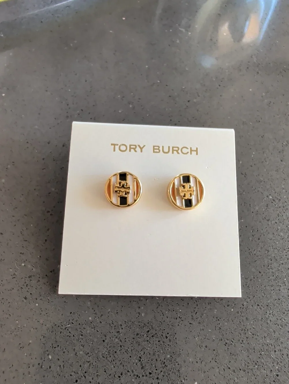 Tory Burch Black White & Gold Stud Earrings Pierced Logo NEW - W50
